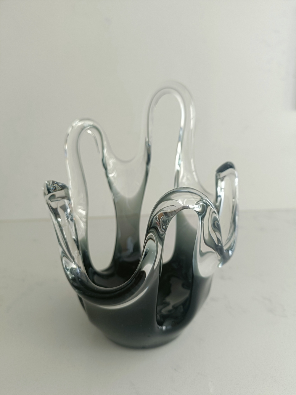 Vintage Smoky Black & Clear Art Glass Vase| Retro Home Decor